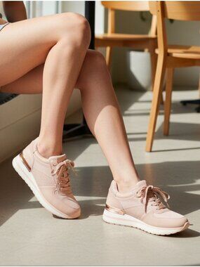 Blush Pink Womens Sneakers With Mesh Paneling & Gold Heel Accent